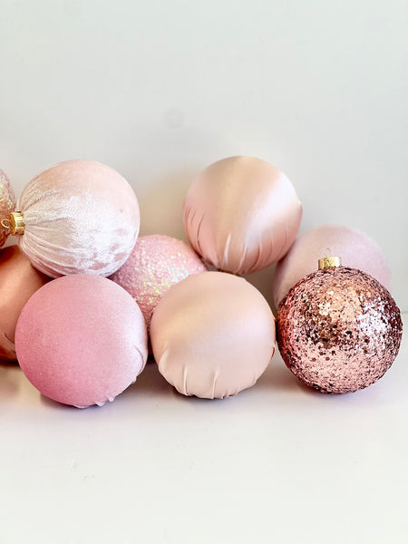 12 pcs Luxury Pink Shades Christmas Ornaments, Mix of Velvet Satin Glitter Textured Balls, Elegant Holiday Tree Decorations, Christmas Gifts