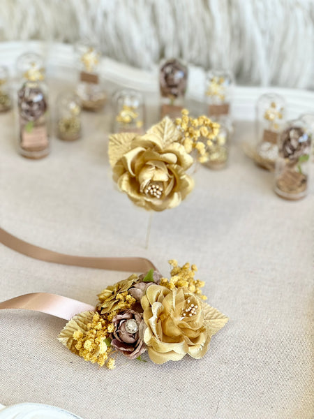 Gold Corsage and Boutonniere Set, Wedding, Prom Party Corsage Set