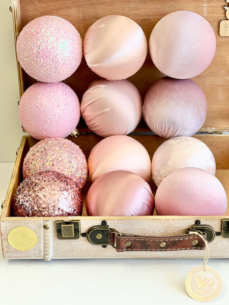 12 pcs Luxury Pink Shades Christmas Ornaments, Mix of Velvet Satin Glitter Textured Balls, Elegant Holiday Tree Decorations, Christmas Gifts