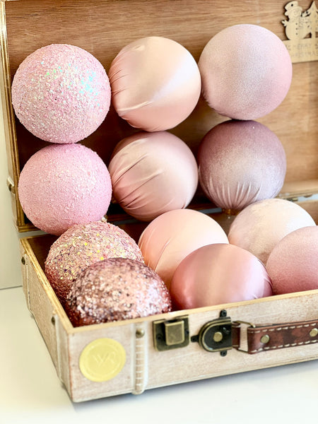 12 pcs Luxury Pink Shades Christmas Ornaments, Mix of Velvet Satin Glitter Textured Balls, Elegant Holiday Tree Decorations, Christmas Gifts