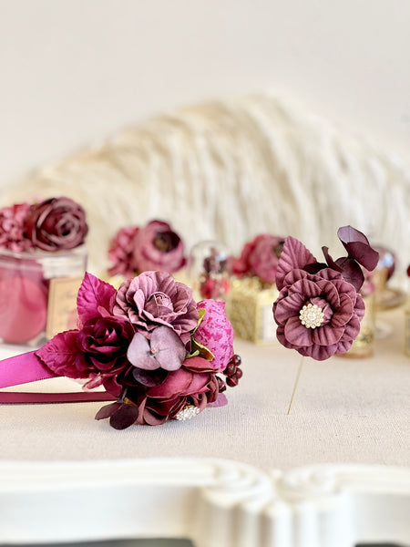 Burgundy Corsage and Boutonniere Set, Wedding, Prom Party Corsage Set