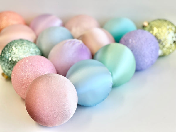 15 pcs Pastel Christmas Ornaments, Mix of Velvet Satin Glitter Textured Balls, Elegant Holiday Tree Decorations, Christmas Gifts