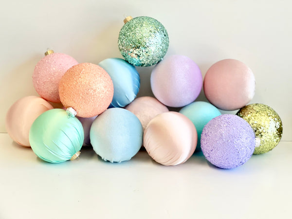 15 pcs Pastel Christmas Ornaments, Mix of Velvet Satin Glitter Textured Balls, Elegant Holiday Tree Decorations, Christmas Gifts