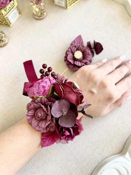 Burgundy Corsage and Boutonniere Set, Wedding, Prom Party Corsage Set