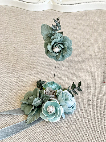 Teal Corsage and Boutonniere Set, Prom Party Corsage Set