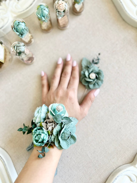 Teal Corsage and Boutonniere Set, Prom Party Corsage Set
