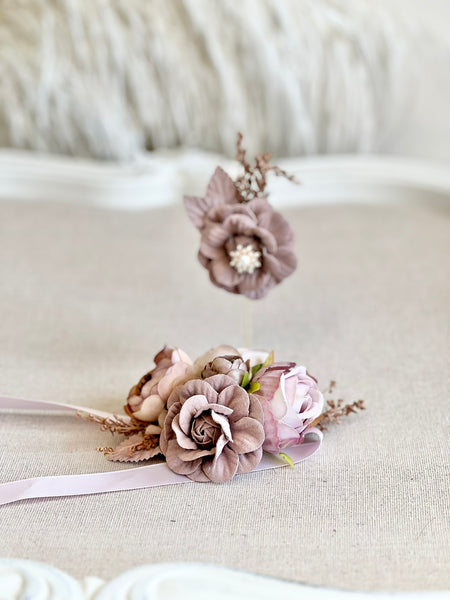 Dusty Mauve Pink Corsage and Boutonniere Set, Wedding Flowers, Prom Party Corsage Set