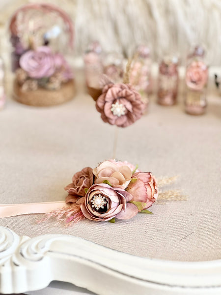 Dusty Rose Wedding Corsage and Boutonniere Set, Bridal Party Flowers, Prom Party Corsage Set
