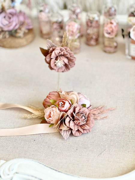 Dusty Rose Wedding Corsage and Boutonniere Set, Bridal Party Flowers, Prom Party Corsage Set