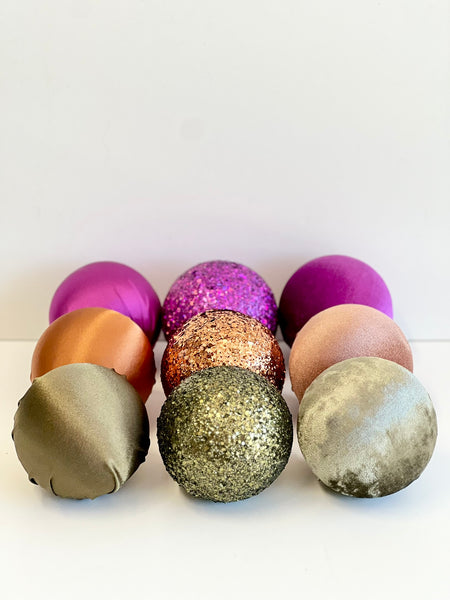 9 pcs Christmas Ornaments Set, Bright Satin Velvet Glitter Baubles, Bold Holiday Decor, Modern Colorful Christmas Tree Decorations