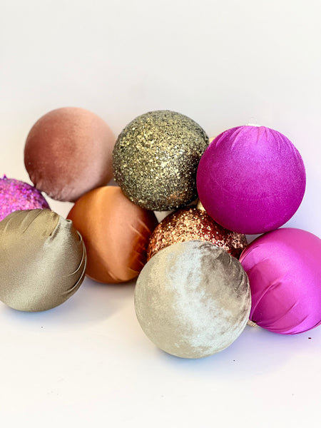 9 pcs Christmas Ornaments Set, Bright Satin Velvet Glitter Baubles, Bold Holiday Decor, Modern Colorful Christmas Tree Decorations