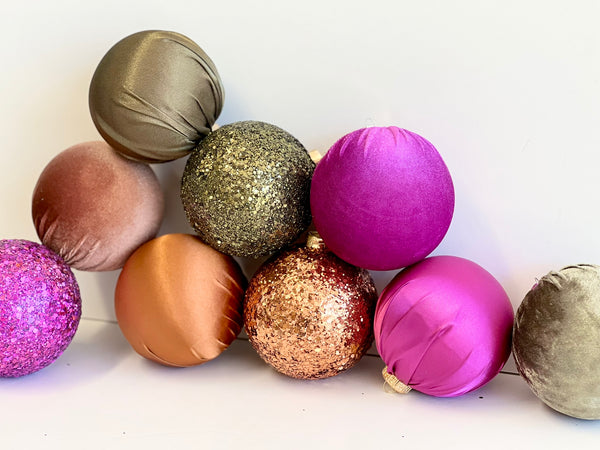 9 pcs Christmas Ornaments Set, Bright Satin Velvet Glitter Baubles, Bold Holiday Decor, Modern Colorful Christmas Tree Decorations