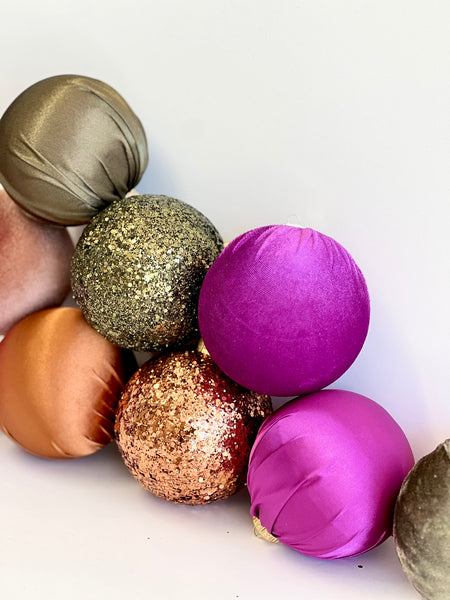 9 pcs Christmas Ornaments Set, Bright Satin Velvet Glitter Baubles, Bold Holiday Decor, Modern Colorful Christmas Tree Decorations
