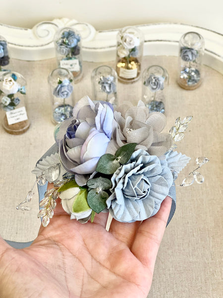 Dusty Blue Corsage and Boutonniere Set, Wedding Prom Flowers, Prom Party Corsage Set
