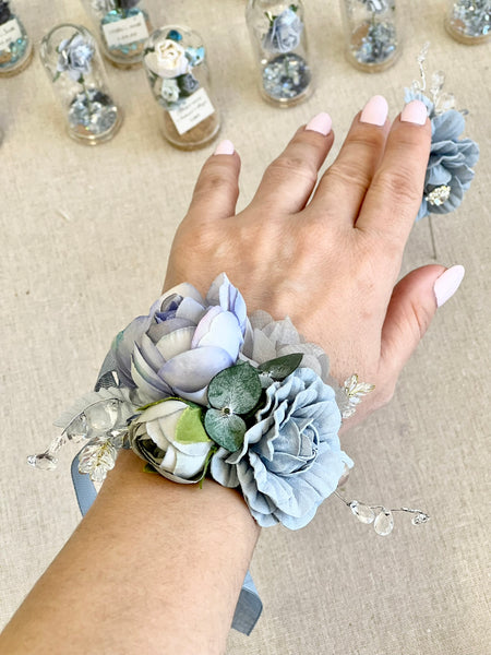 Dusty Blue Corsage and Boutonniere Set, Wedding Prom Flowers, Prom Party Corsage Set