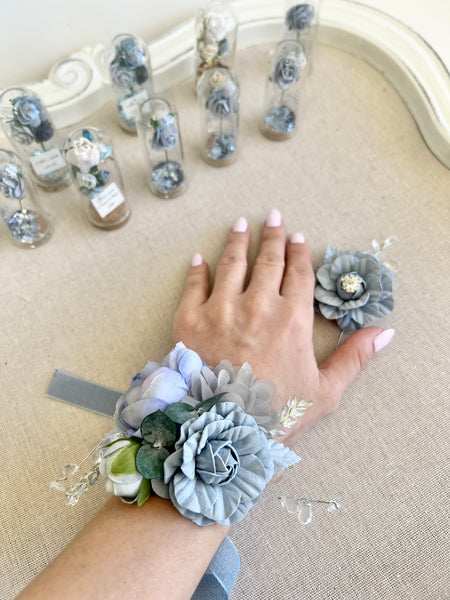 Dusty Blue Corsage and Boutonniere Set, Wedding Prom Flowers, Prom Party Corsage Set