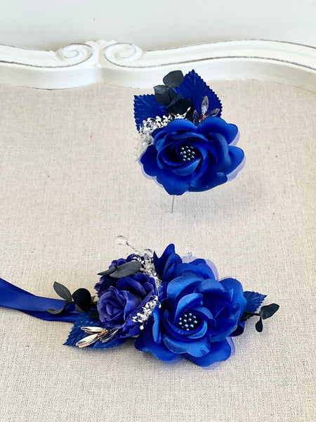 Royal Blue Corsage and Boutonniere Set, Prom Party Corsage Set