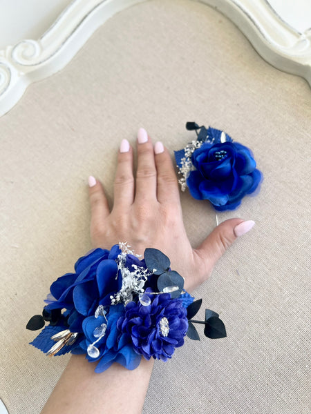 Royal Blue Corsage and Boutonniere Set, Prom Party Corsage Set