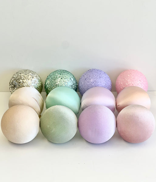 12 pcs Pastel Christmas Ornaments, Mix of Velvet Satin Glitter Textured Balls, Elegant Holiday Tree Decorations, Christmas Gifts