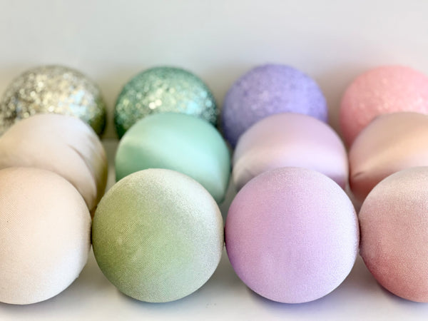 12 pcs Pastel Christmas Ornaments, Mix of Velvet Satin Glitter Textured Balls, Elegant Holiday Tree Decorations, Christmas Gifts