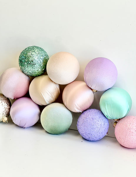 12 pcs Pastel Christmas Ornaments, Mix of Velvet Satin Glitter Textured Balls, Elegant Holiday Tree Decorations, Christmas Gifts