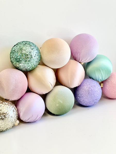 12 pcs Pastel Christmas Ornaments, Mix of Velvet Satin Glitter Textured Balls, Elegant Holiday Tree Decorations, Christmas Gifts