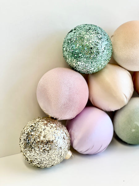 12 pcs Pastel Christmas Ornaments, Mix of Velvet Satin Glitter Textured Balls, Elegant Holiday Tree Decorations, Christmas Gifts