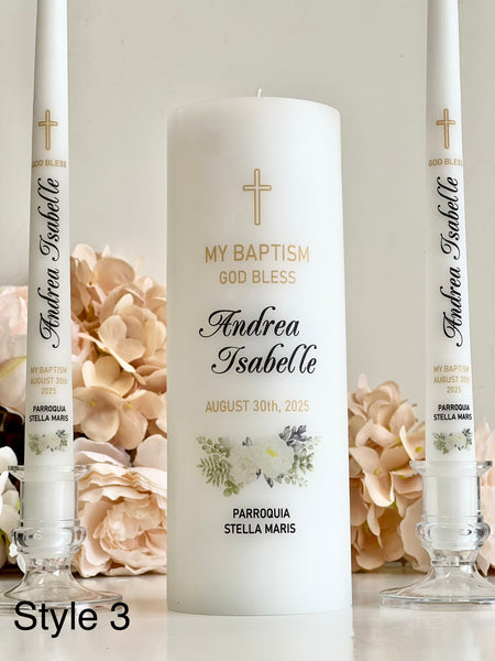 Personalized Baptism Candle – Custom Christening Candle – Floral Boho Ceremony Taper Candle – Baby Shower Gift