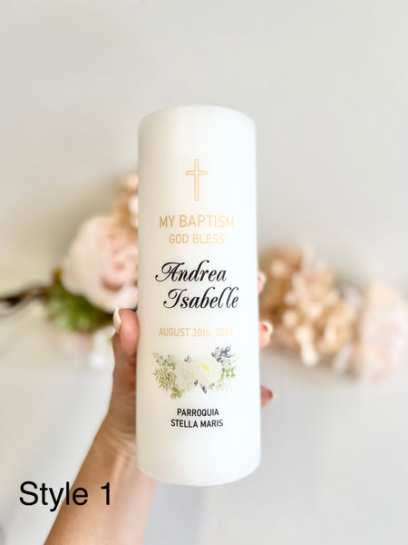 Personalized Baptism Candle – Custom Christening Candle – Floral Boho Ceremony Taper Candle – Baby Shower Gift