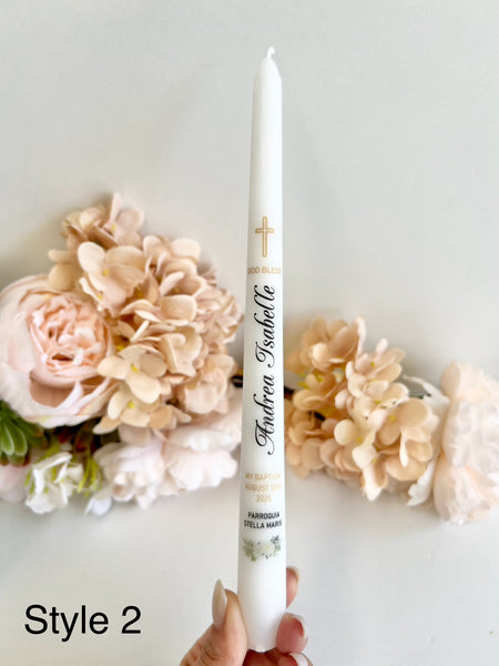 Personalized Baptism Candle – Custom Christening Candle – Floral Boho Ceremony Taper Candle – Baby Shower Gift