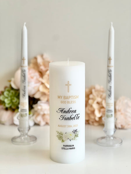 Personalized Baptism Candle – Custom Christening Candle – Floral Boho Ceremony Taper Candle – Baby Shower Gift