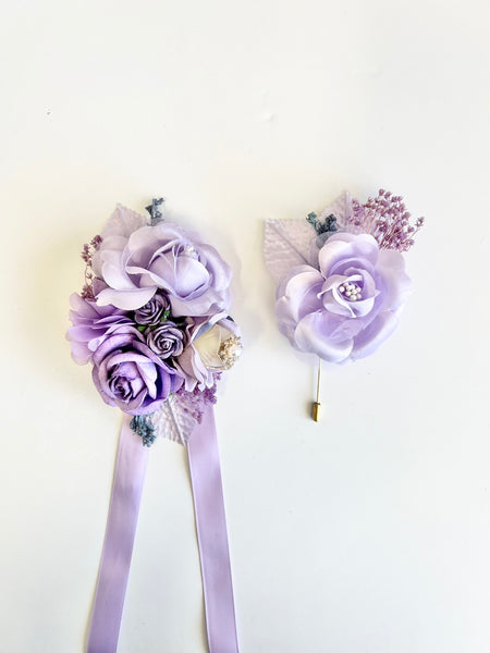 Lilac Wedding Corsage and Boutonniere Set, Prom Party Corsage Set