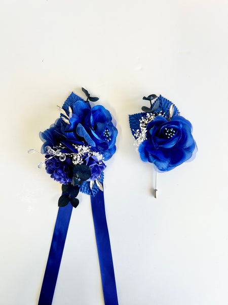 Royal Blue Corsage and Boutonniere Set, Prom Party Corsage Set