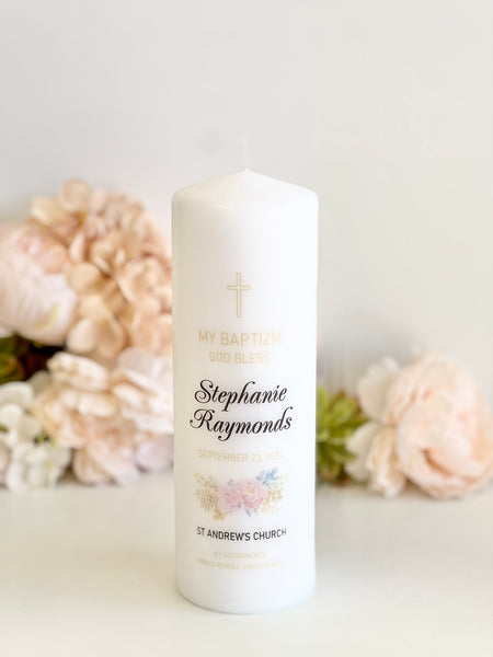 Personalized Baptism Candle – Custom Christening Candle with Photo – Floral Boho Ceremony Taper Candle – Baby Shower Gift