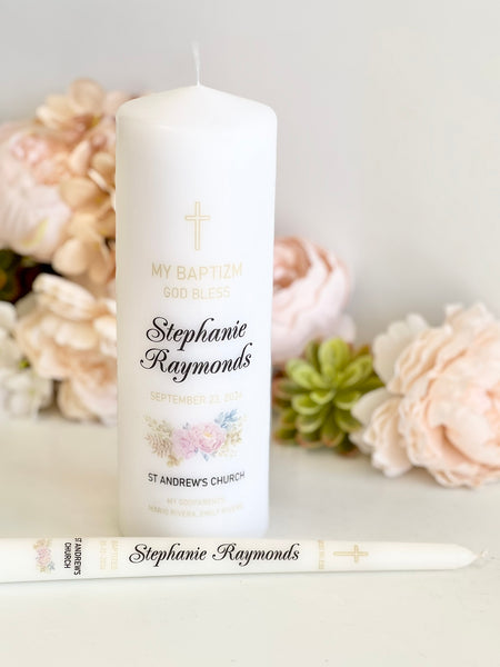 Personalized Baptism Candle – Custom Christening Candle with Photo – Floral Boho Ceremony Taper Candle – Baby Shower Gift