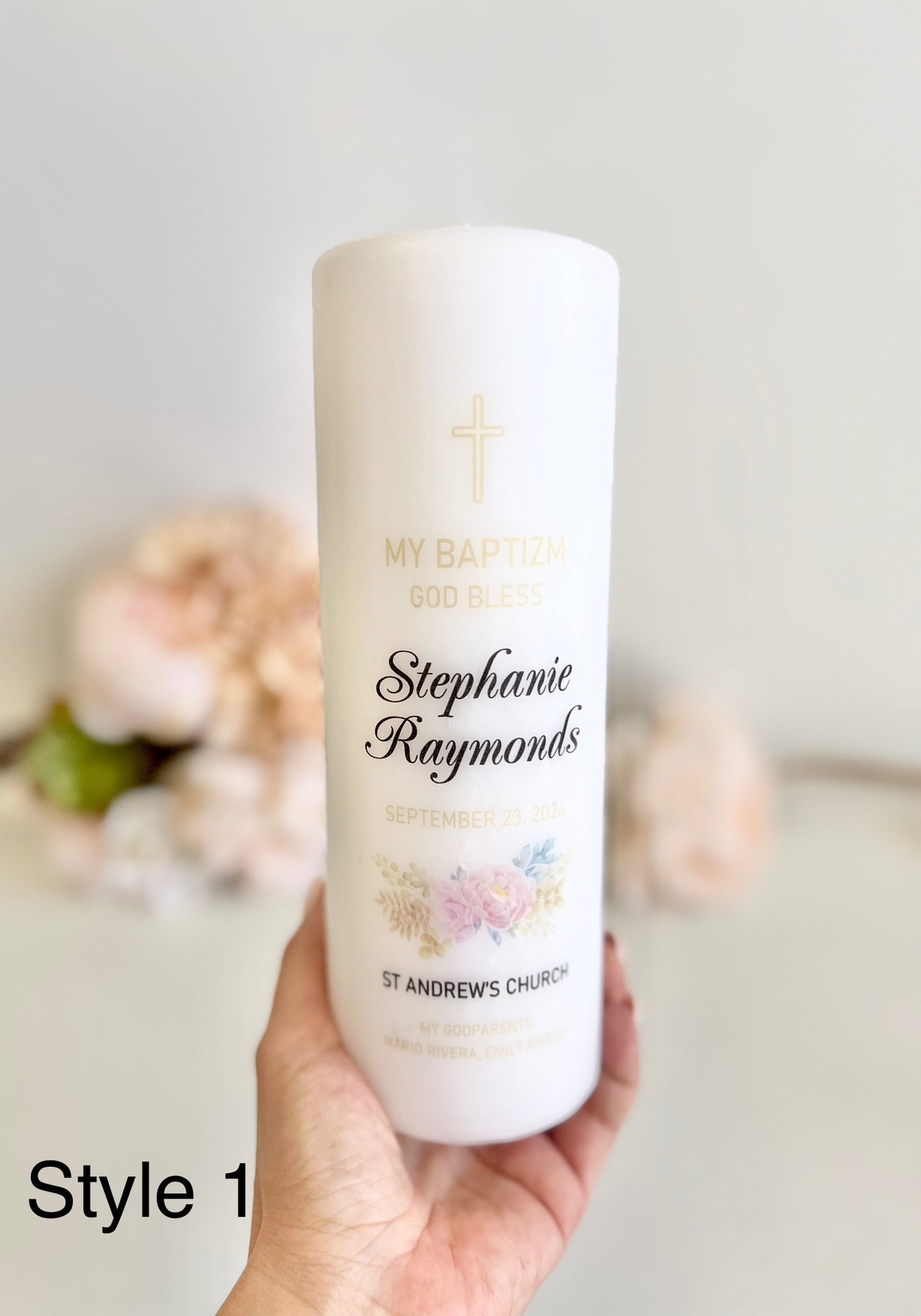 Personalized Baptism Candle – Custom Christening Candle with Photo – Floral Boho Ceremony Taper Candle – Baby Shower Gift