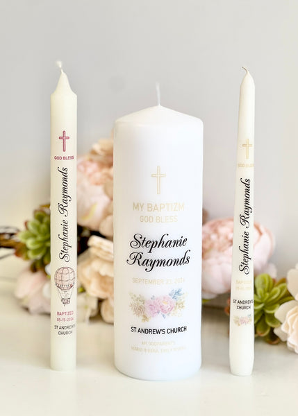 Personalized Baptism Candle – Custom Christening Candle with Photo – Floral Boho Ceremony Taper Candle – Baby Shower Gift
