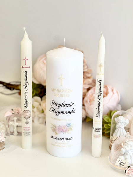 Personalized Baptism Candle – Custom Christening Candle with Photo – Floral Boho Ceremony Taper Candle – Baby Shower Gift