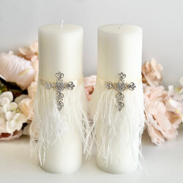 Cross Baptism Candle – Christening Taper Candle with Feather & Crystal – Boho Ceremony Candle for Baby or Godparent Gift