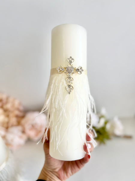 Cross Baptism Candle – Christening Taper Candle with Feather & Crystal – Boho Ceremony Candle for Baby or Godparent Gift