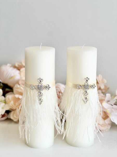 Cross Baptism Candle – Christening Taper Candle with Feather & Crystal – Boho Ceremony Candle for Baby or Godparent Gift