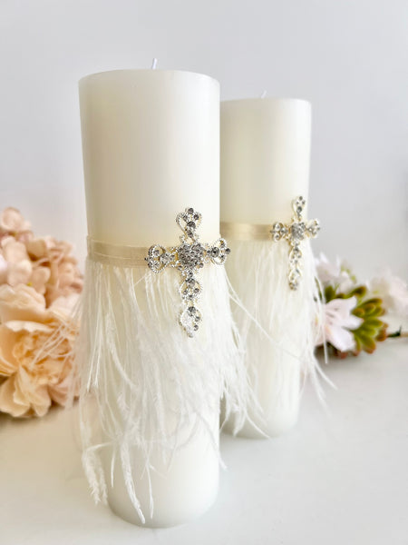 Cross Baptism Candle – Christening Taper Candle with Feather & Crystal – Boho Ceremony Candle for Baby or Godparent Gift
