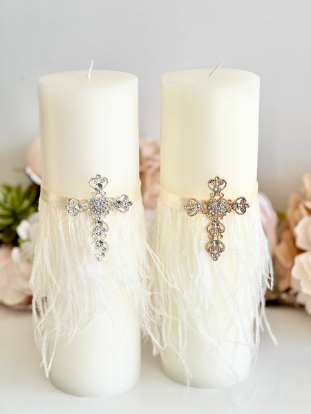 Cross Baptism Candle – Christening Taper Candle with Feather & Crystal – Boho Ceremony Candle for Baby or Godparent Gift