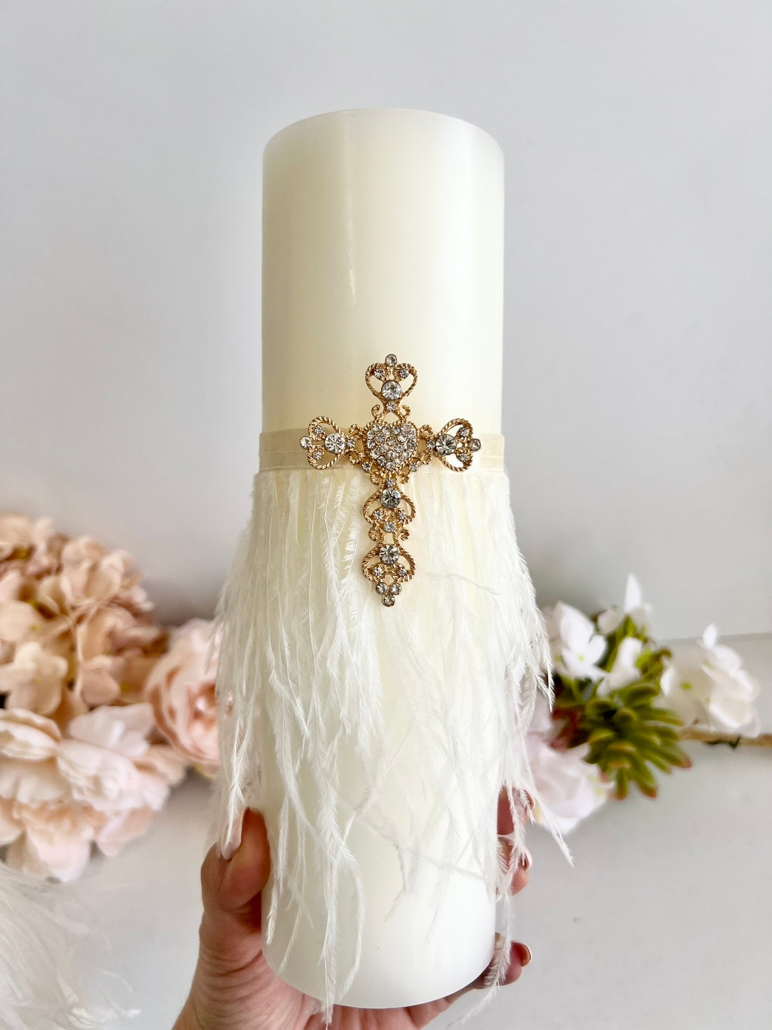 Cross Baptism Candle – Christening Taper Candle with Feather & Crystal – Boho Ceremony Candle for Baby or Godparent Gift