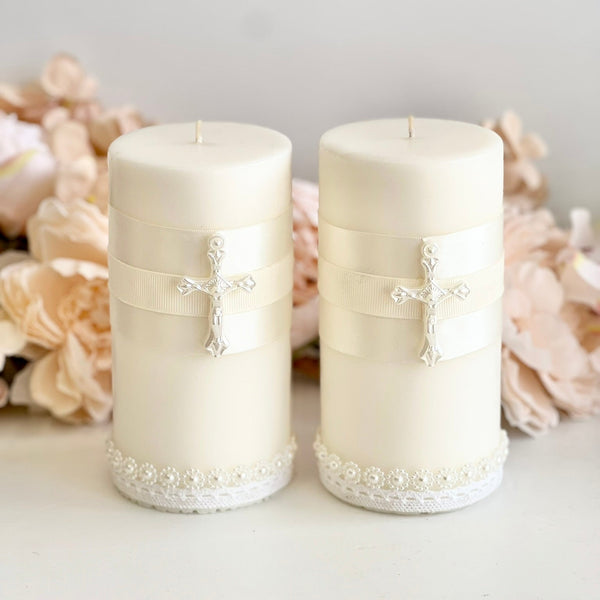 Cross Baptism Candle, Custom Christening Candle with Pearl Cross, Luxury Boho Baptism Taper Candle, Elegant Ceremonial Candle for Christening