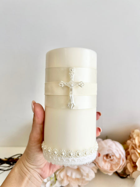 Cross Baptism Candle, Custom Christening Candle with Pearl Cross, Luxury Boho Baptism Taper Candle, Elegant Ceremonial Candle for Christening