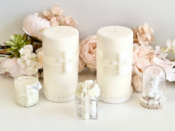Cross Baptism Candle, Custom Christening Candle with Pearl Cross, Luxury Boho Baptism Taper Candle, Elegant Ceremonial Candle for Christening
