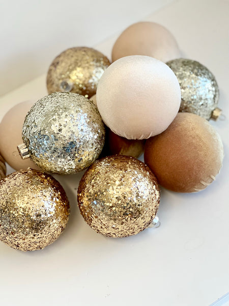 12 pcs Gold Christmas Velvet Handmade Balls, Christmas Tree Decorations, Glitter Christmas Bulbs, Christmas Gift, Flocked Christmas Bulk Box