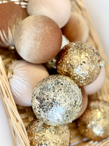 12 pcs Gold Christmas Velvet Handmade Balls, Christmas Tree Decorations, Glitter Christmas Bulbs, Christmas Gift, Flocked Christmas Bulk Box
