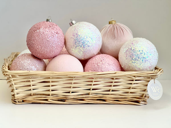 Handmade Pastel Pink Christmas Ornaments: Velvet Glitter Balls, Set of 12